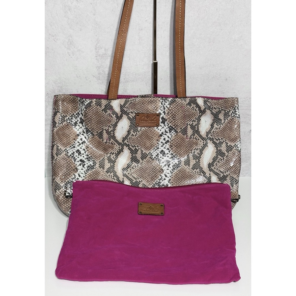 Patricia Nash Shoulder Tote Bag Brown Cracked Italian Leather Python Snakeskin - Picture 3 of 9